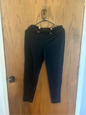 High-Waist Black Ponte Pants with Gold Button Detail